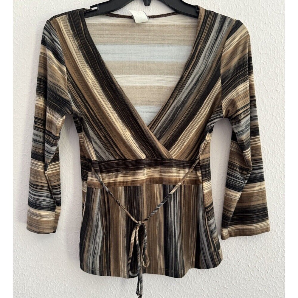 Poetry Clothing Women Brown 3/4 Sleeve Blouse belted striped multicolor v-neck M
